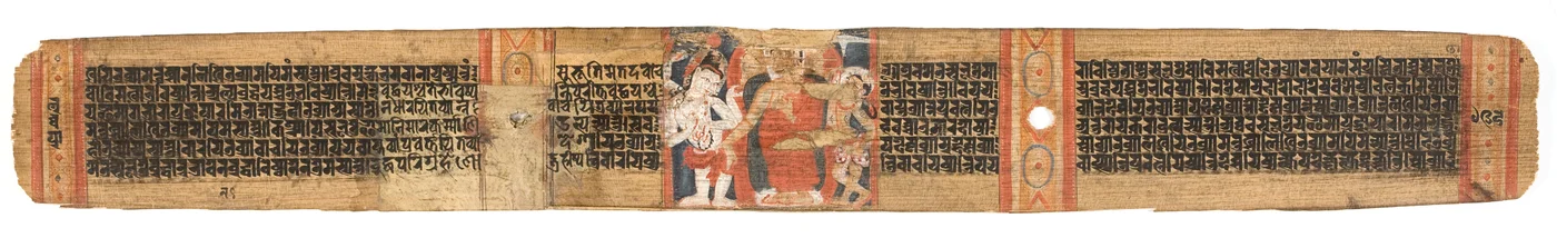 Folio 126b Budas Descida do Céu, da Astasahasrika Prajnaparamita (tinta e cores em folhas de palmeira e madeira) (para detalhes ver 430763)